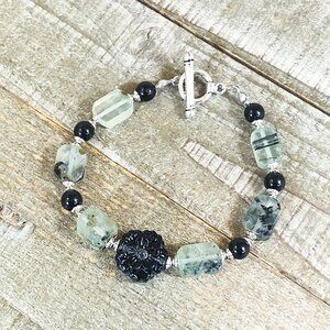 Bracelet w/ Green Prehnite Tab Beads, Obsidian Stone Beads, Black Orchid